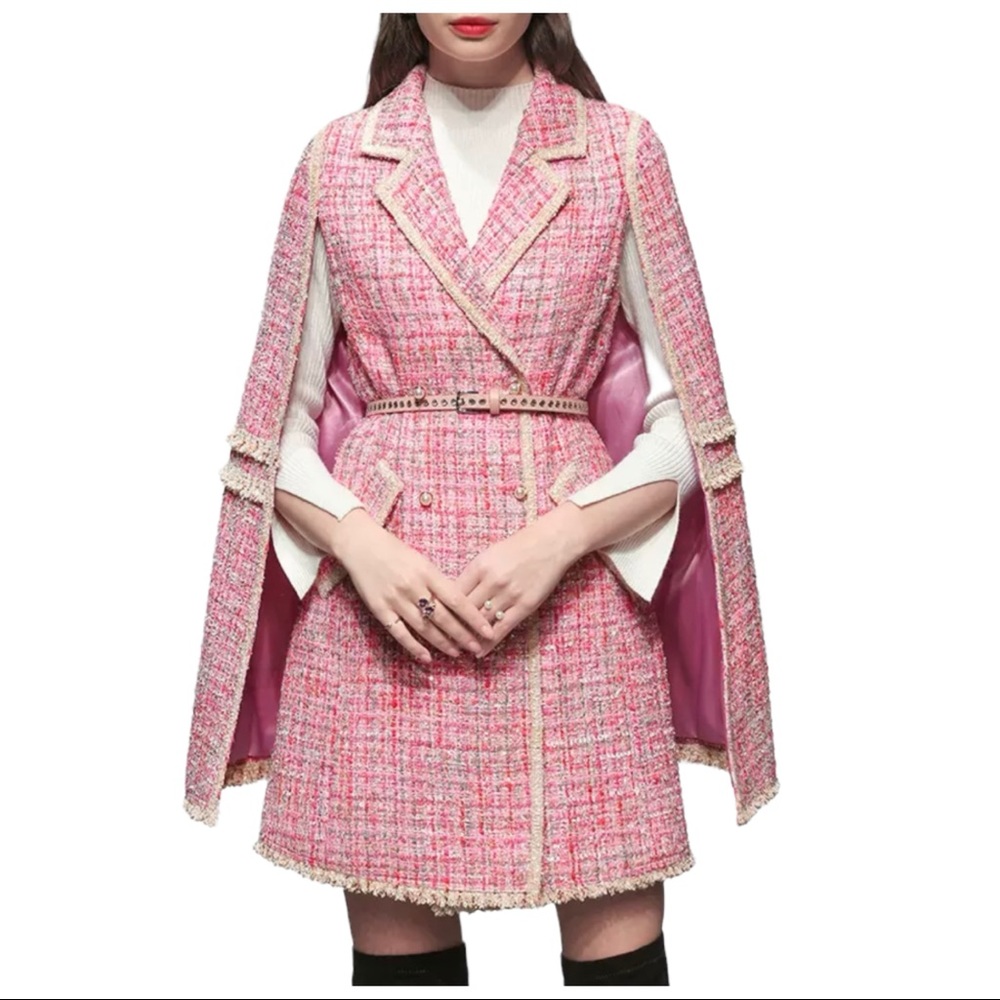 The Kaya Metallic Pink Tweed Belted Jacket Dress